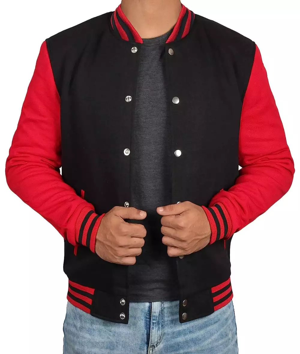 Men's Red and Black Varsity Jacket - Baseball Style Jacket