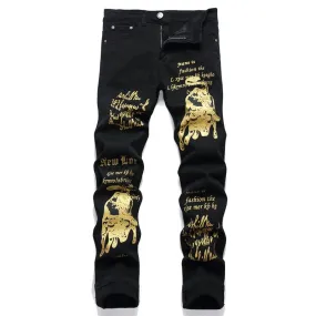 Men's Black Denim Printed Pattern Mid Waist Streetwear Skinny Jeans