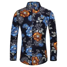 Men's Casual Cotton Rose Plant Flower Printed Hawaiian Long Sleeve Shirt