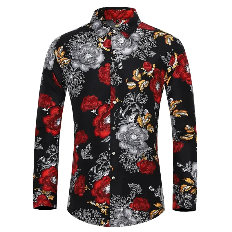 Men's Casual Cotton Rose Plant Flower Printed Hawaiian Long Sleeve Shirt