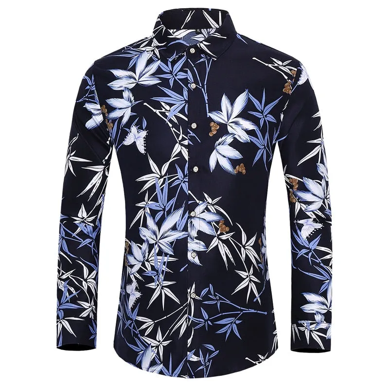 Men's Casual Cotton Rose Plant Flower Printed Hawaiian Long Sleeve Shirt