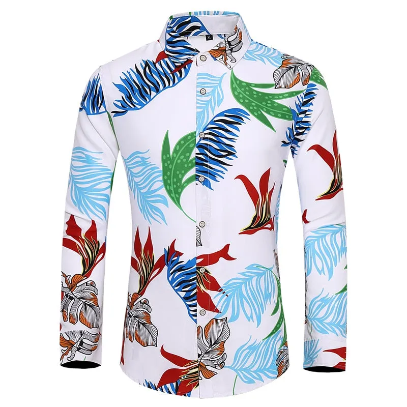 Men's Casual Cotton Rose Plant Flower Printed Hawaiian Long Sleeve Shirt