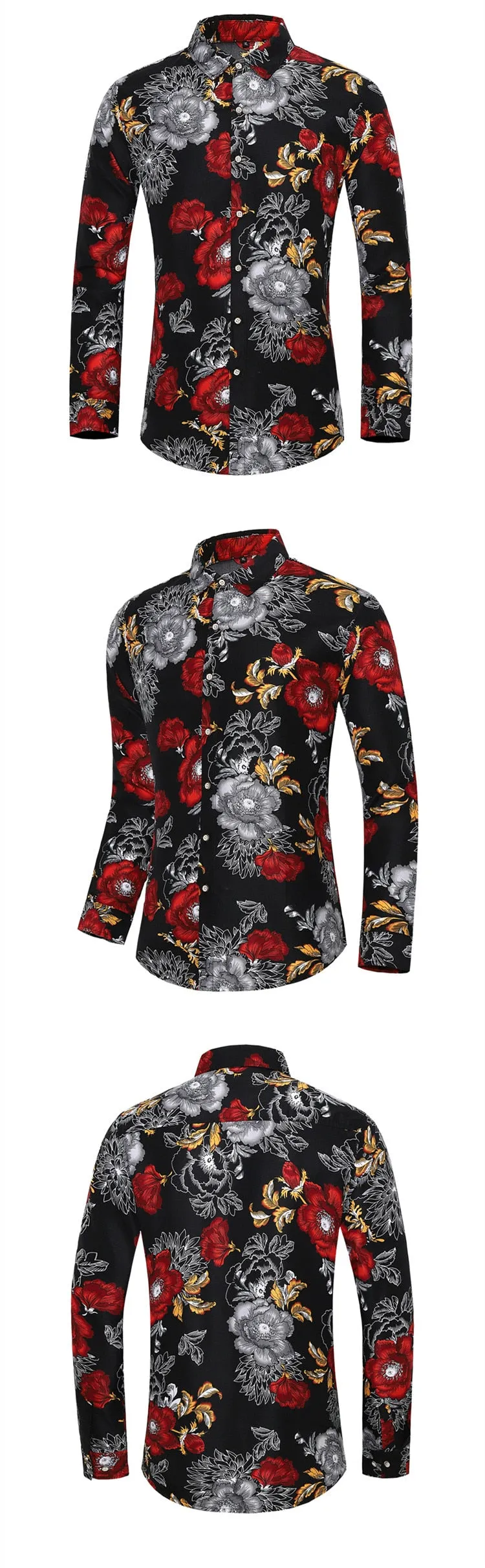 Men's Casual Cotton Rose Plant Flower Printed Hawaiian Long Sleeve Shirt