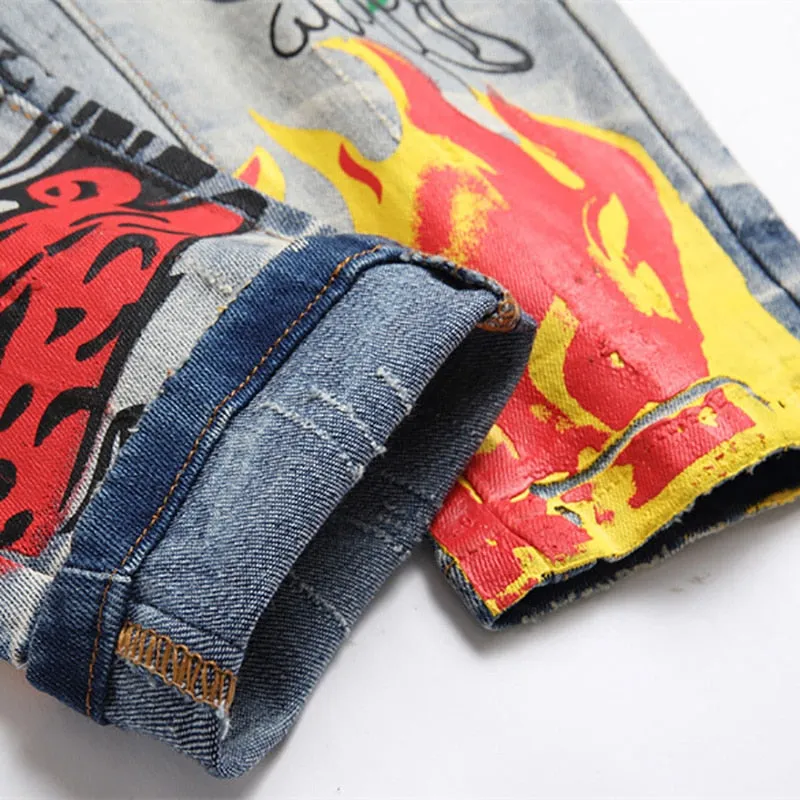 Men's Character Skull Flame Painted Buttons Fly Stretch Streetwear Jeans