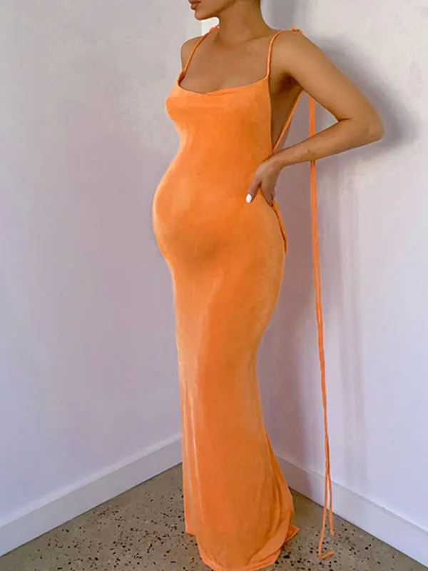 Momnfancy Orange Spaghetti Strap Draped Backless Sleeveless Cocktail Elegant Maternity Maxi Dress