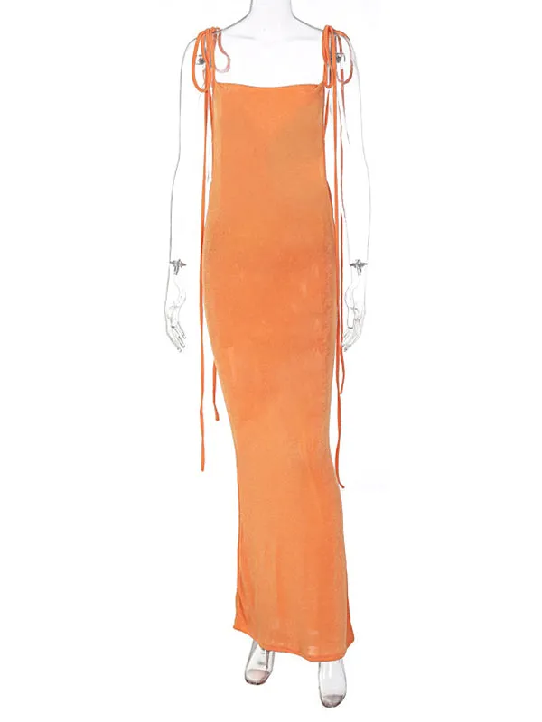 Momnfancy Orange Spaghetti Strap Draped Backless Sleeveless Cocktail Elegant Maternity Maxi Dress