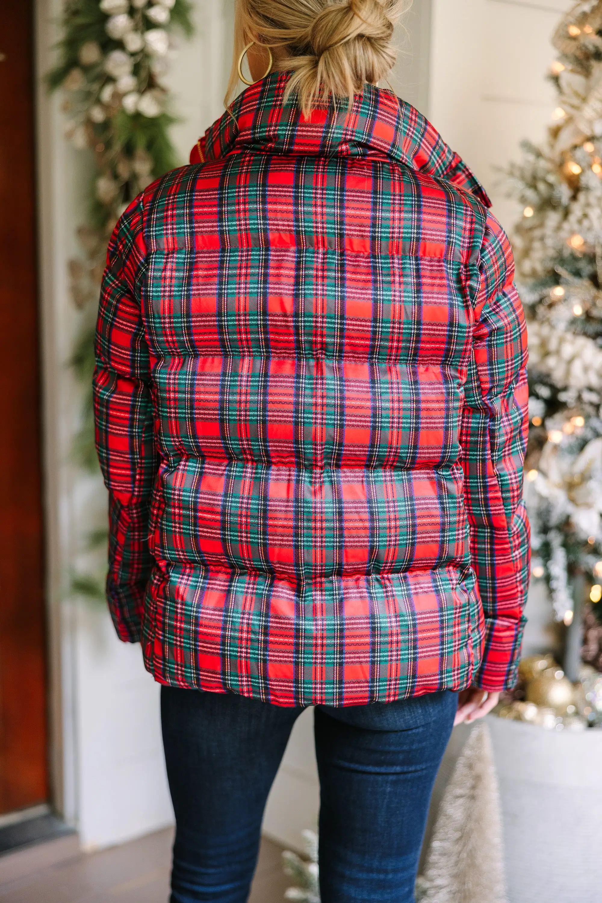 More The Merrier Red Tartan Plaid Puffer Jacket