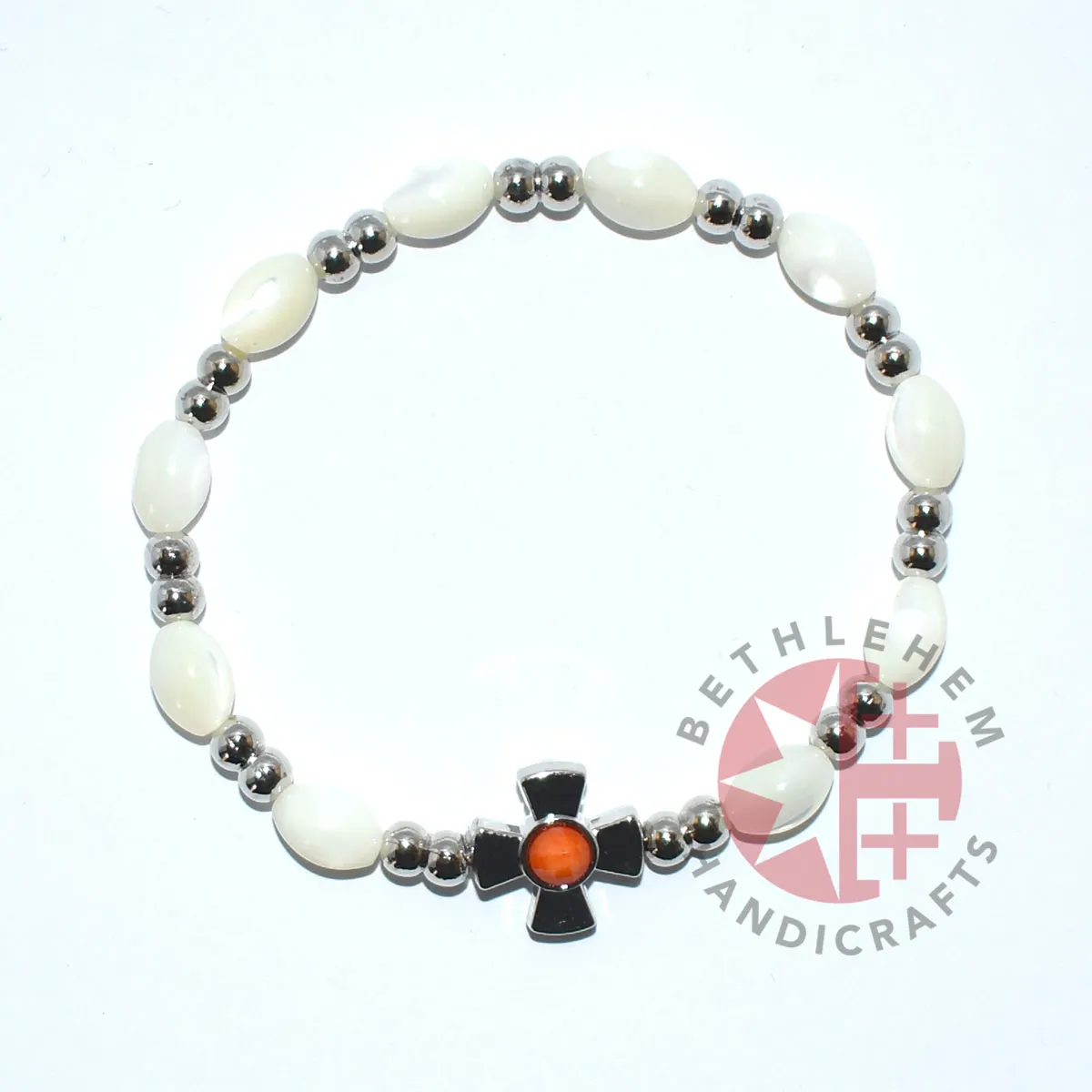 Mother of Pearl Bracelet 8 x 6mm Beads (Orange Crystal Stone)