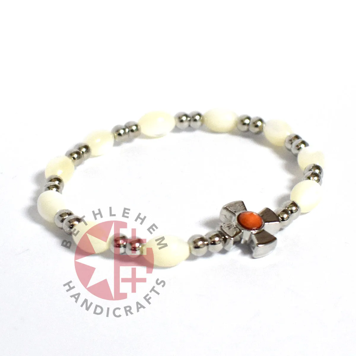 Mother of Pearl Bracelet 8 x 6mm Beads (Orange Crystal Stone)