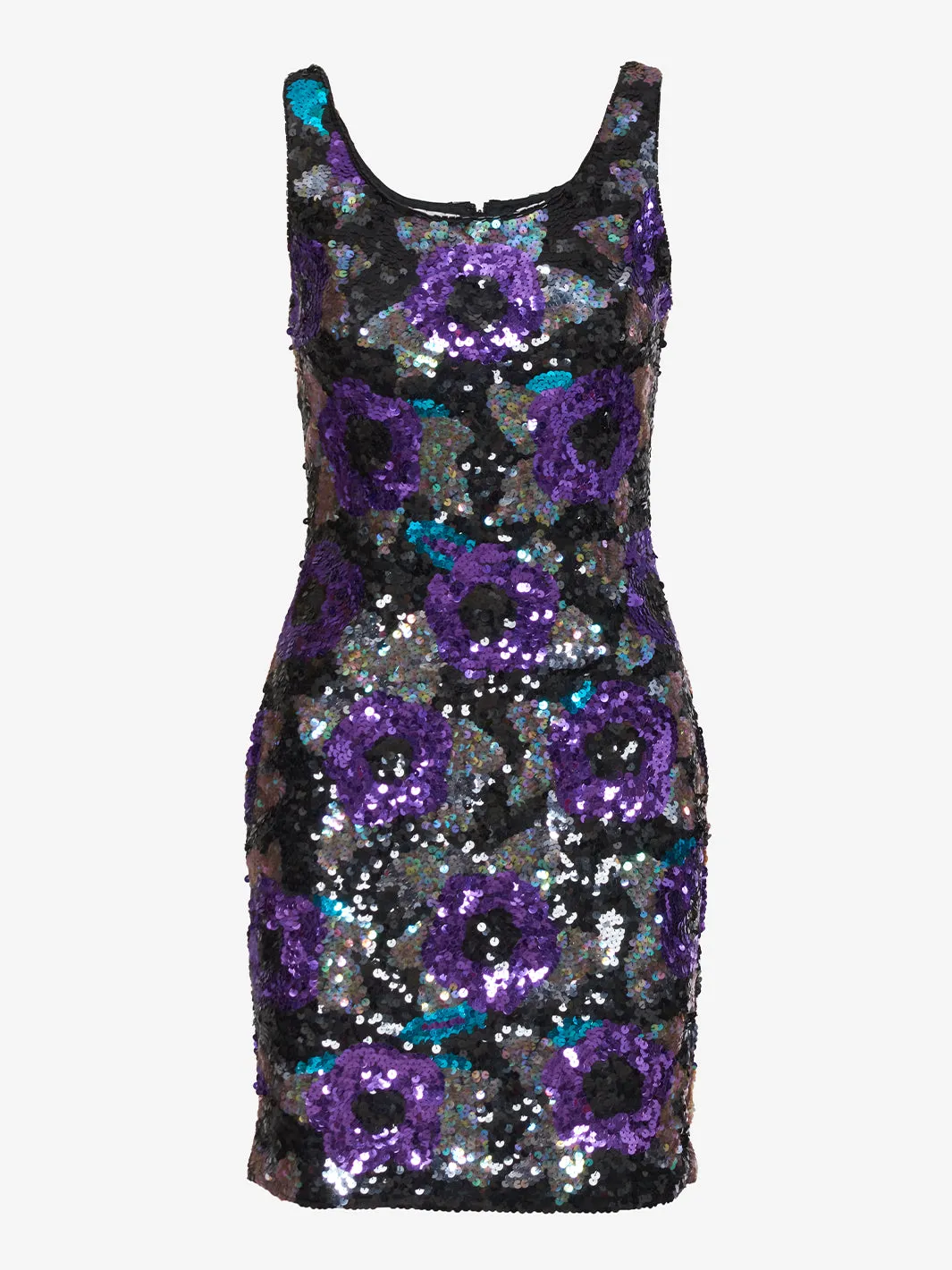 Nadine Mini dress with purple rose sequins and green leaves - '80s