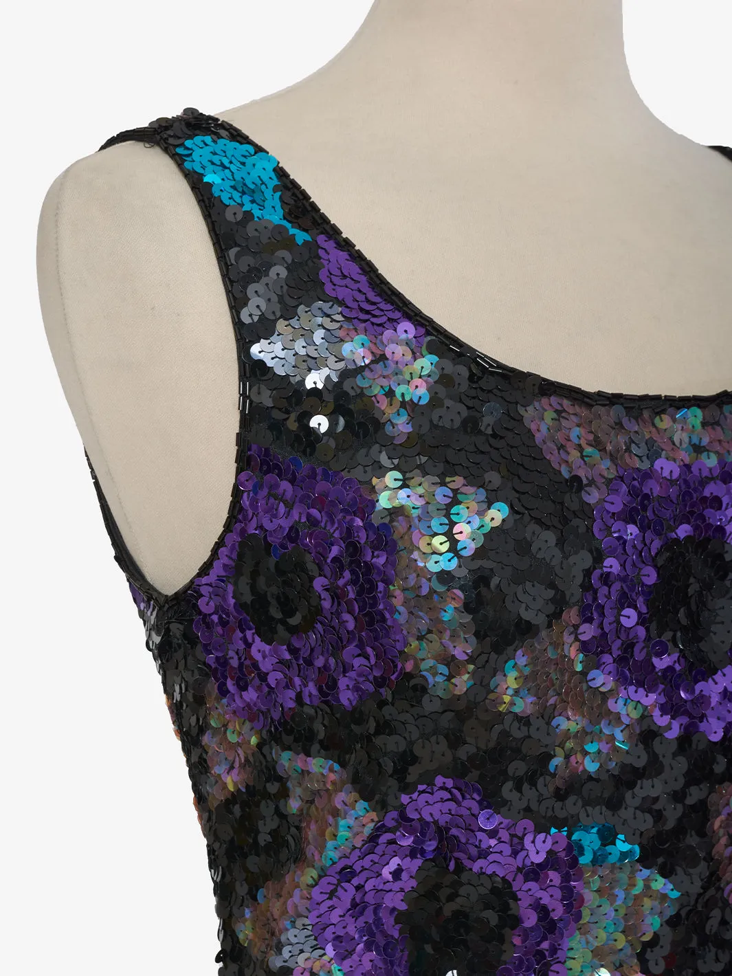 Nadine Mini dress with purple rose sequins and green leaves - '80s