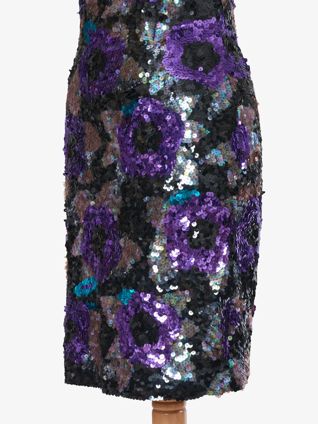 Nadine Mini dress with purple rose sequins and green leaves - '80s