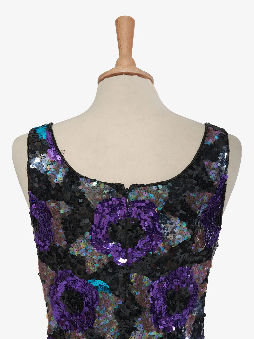 Nadine Mini dress with purple rose sequins and green leaves - '80s