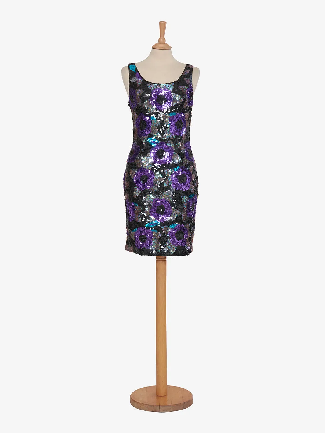 Nadine Mini dress with purple rose sequins and green leaves - '80s