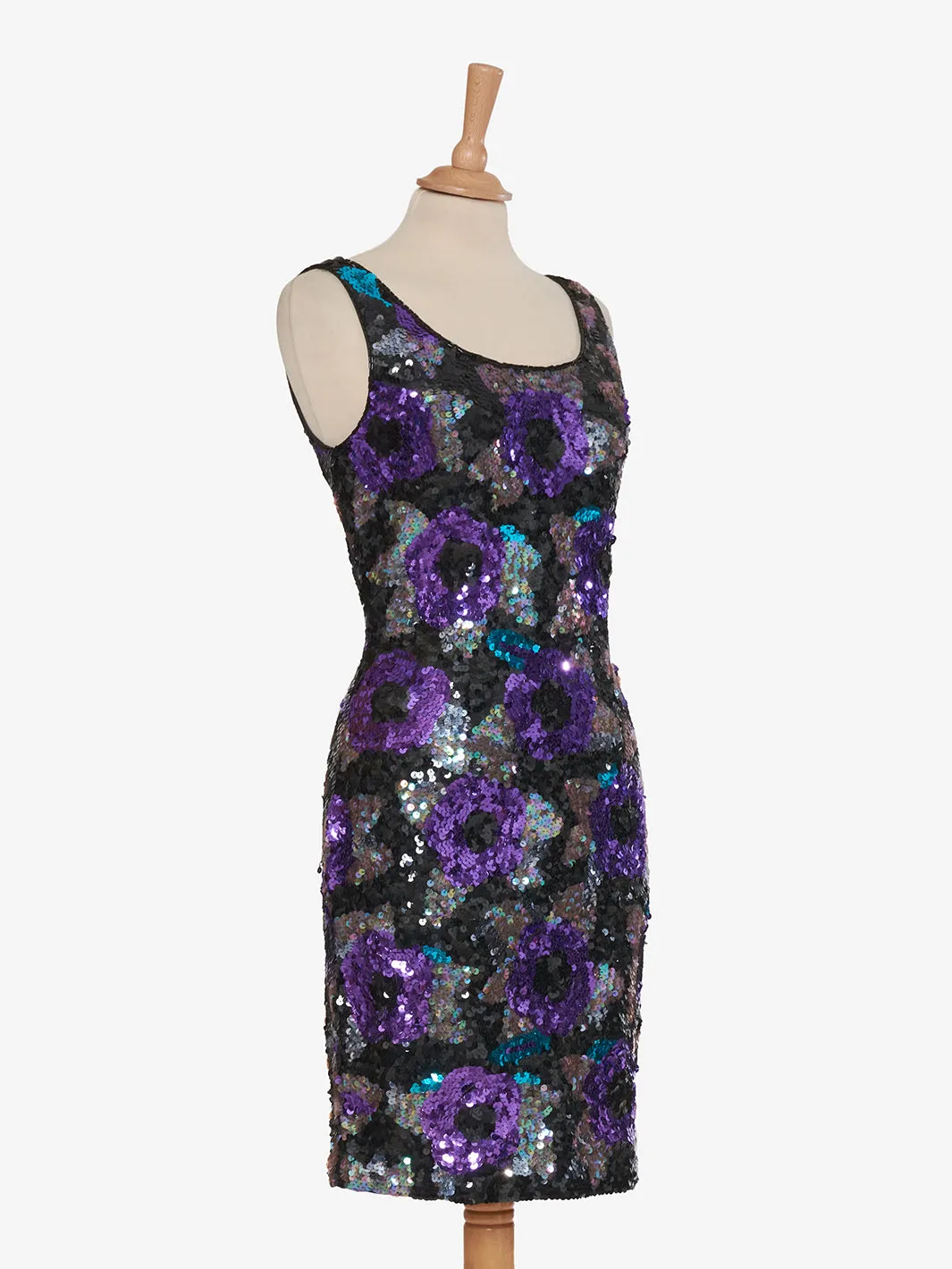 Nadine Mini dress with purple rose sequins and green leaves - '80s