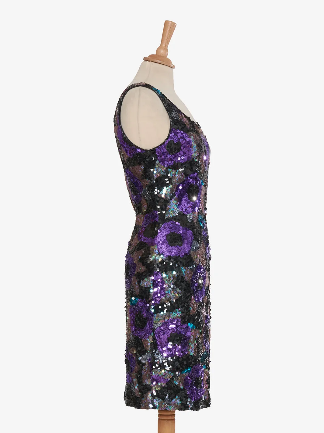 Nadine Mini dress with purple rose sequins and green leaves - '80s