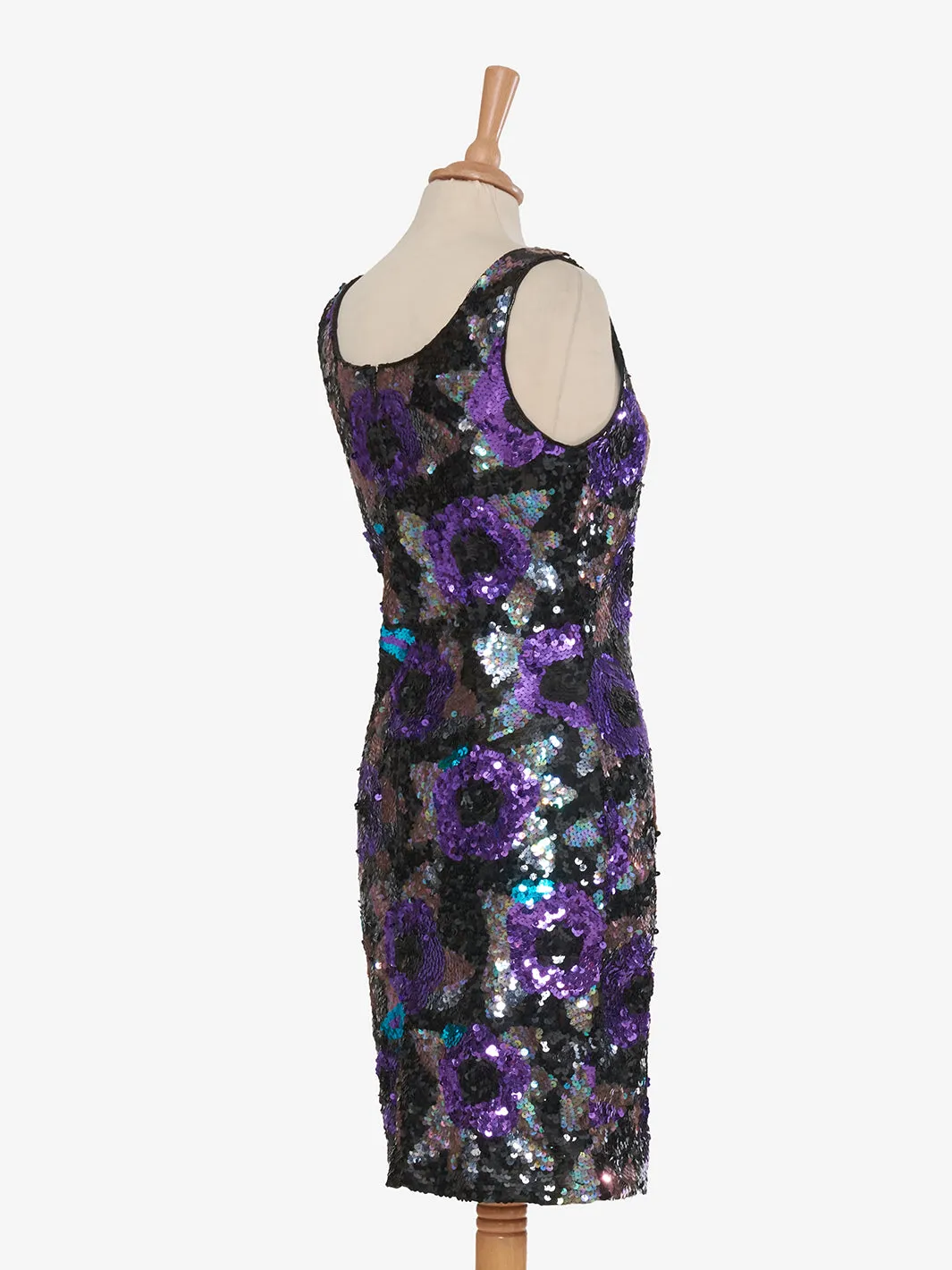 Nadine Mini dress with purple rose sequins and green leaves - '80s