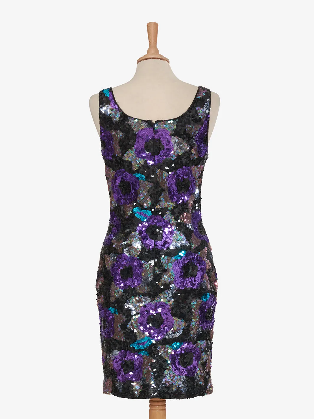 Nadine Mini dress with purple rose sequins and green leaves - '80s