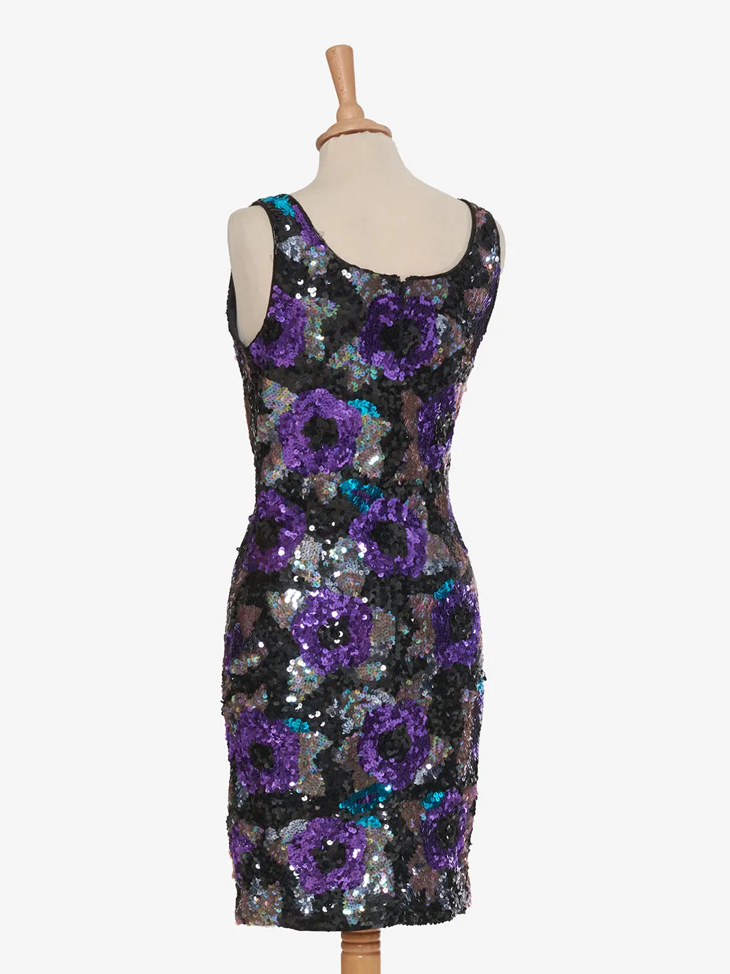 Nadine Mini dress with purple rose sequins and green leaves - '80s