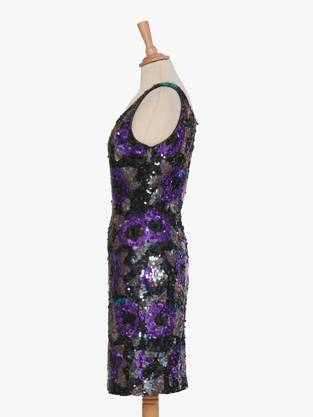 Nadine Mini dress with purple rose sequins and green leaves - '80s