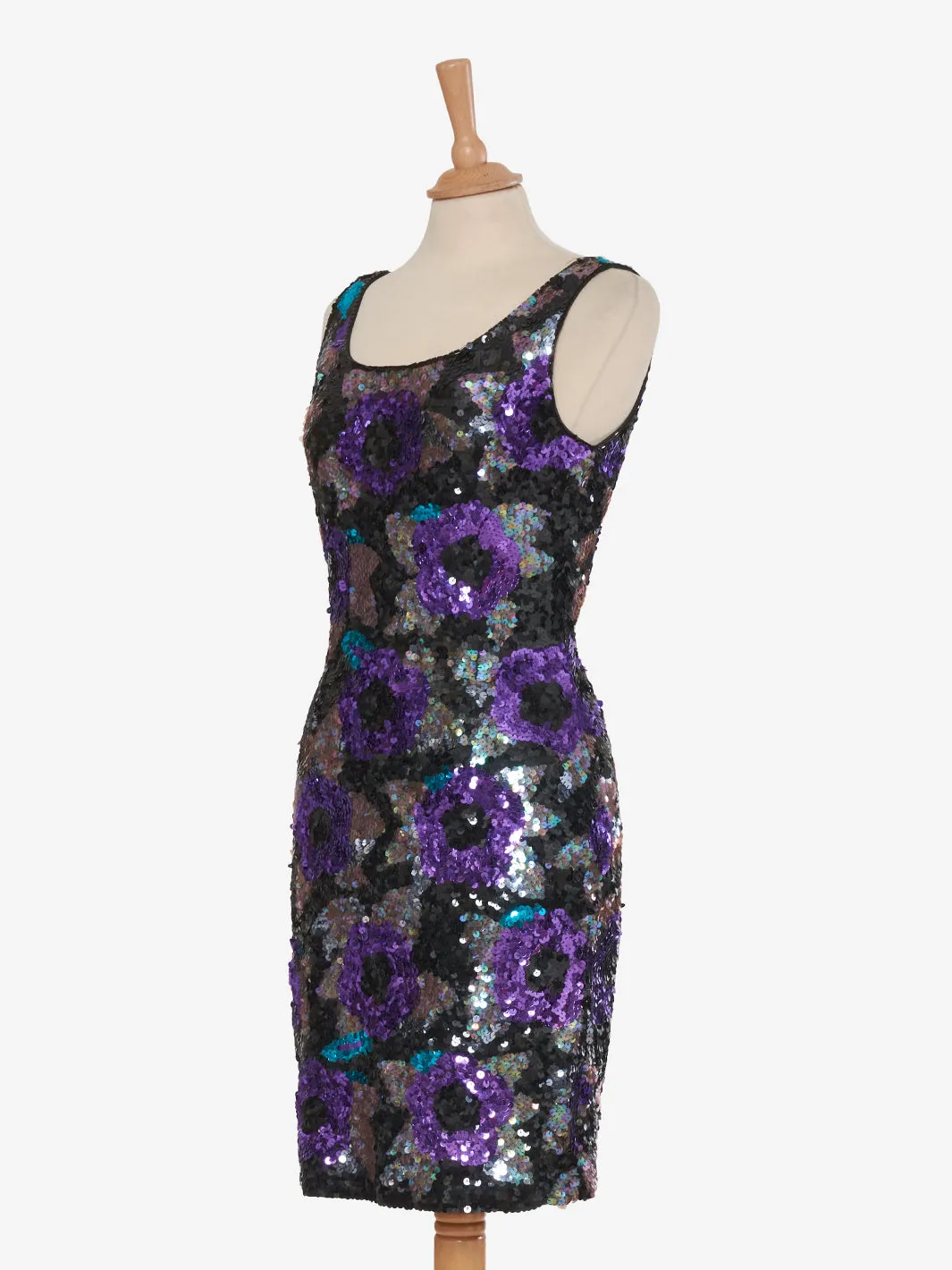 Nadine Mini dress with purple rose sequins and green leaves - '80s