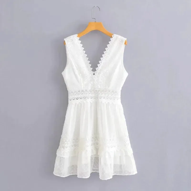 Nankey Sleeveless Embroidery LaceMini Dress Backless With Deep V-Neck