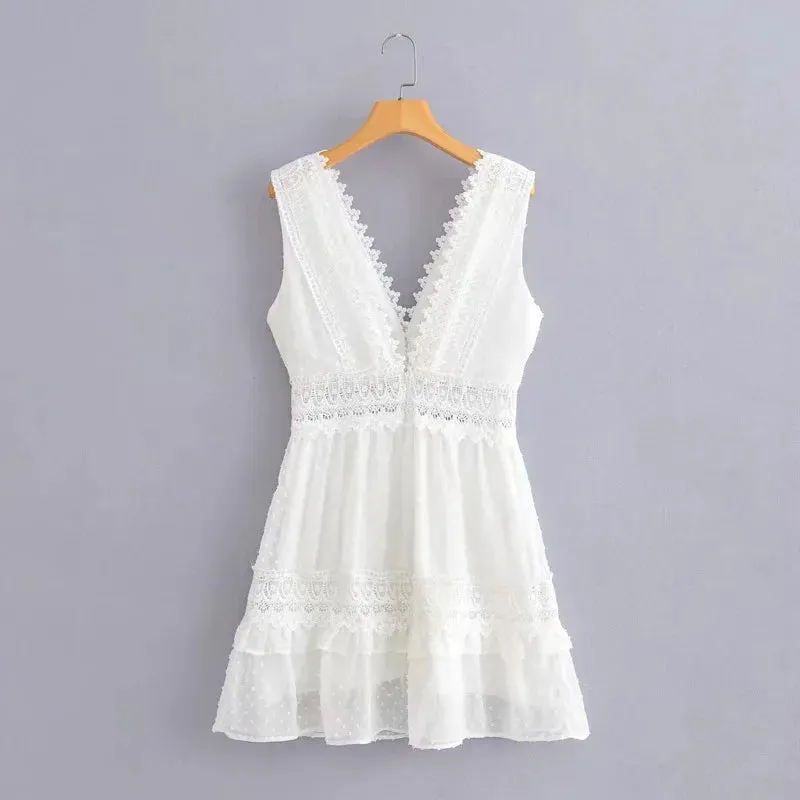 Nankey Sleeveless Embroidery LaceMini Dress Backless With Deep V-Neck