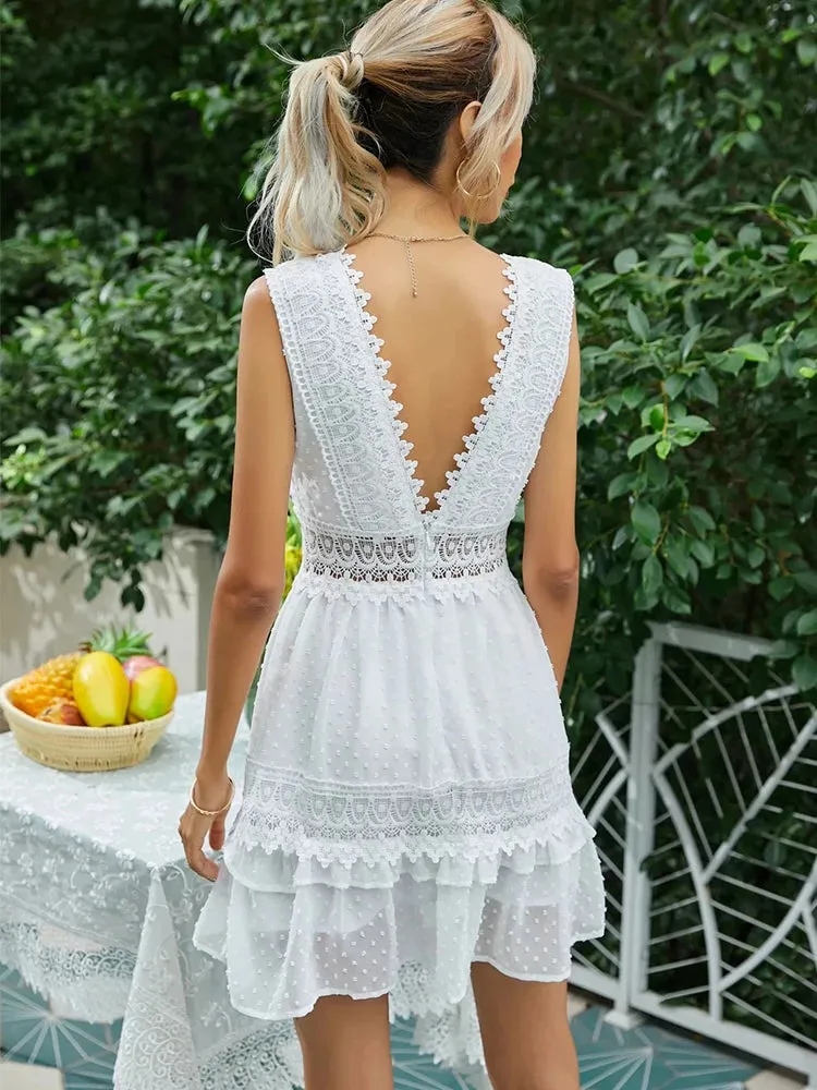 Nankey Sleeveless Embroidery LaceMini Dress Backless With Deep V-Neck