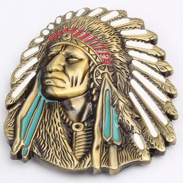 Native American Indian Head Feather Headgear Belt Buckle