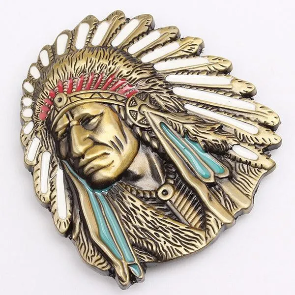 Native American Indian Head Feather Headgear Belt Buckle