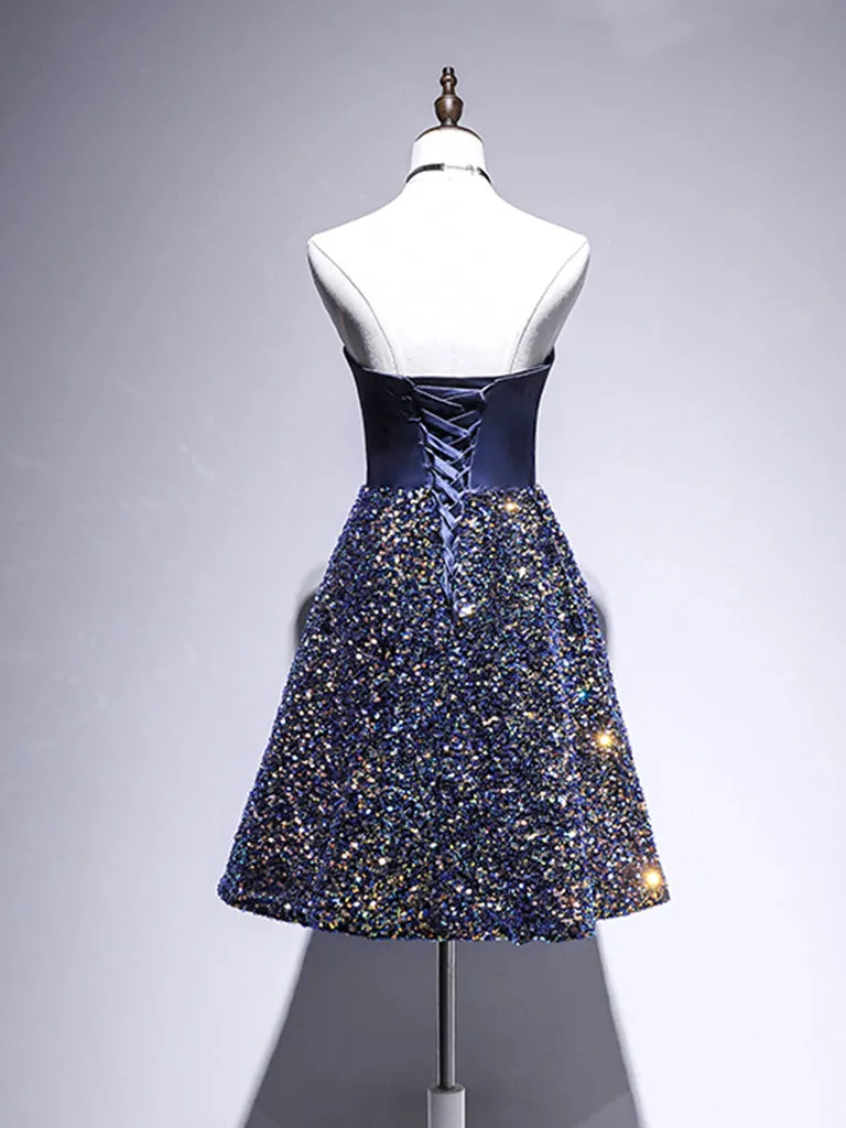 Navy Blue Sparkly Sequins 8th Grade Formal Homecoming Dress Graduation Dress