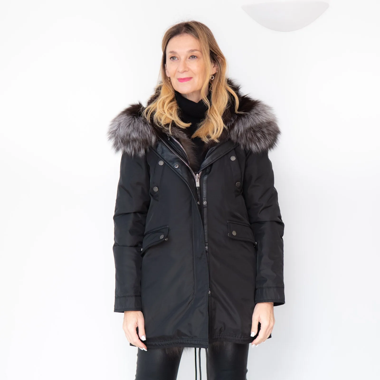 Nicole Benisti Black Parka Jacket Fur Hood Size 10