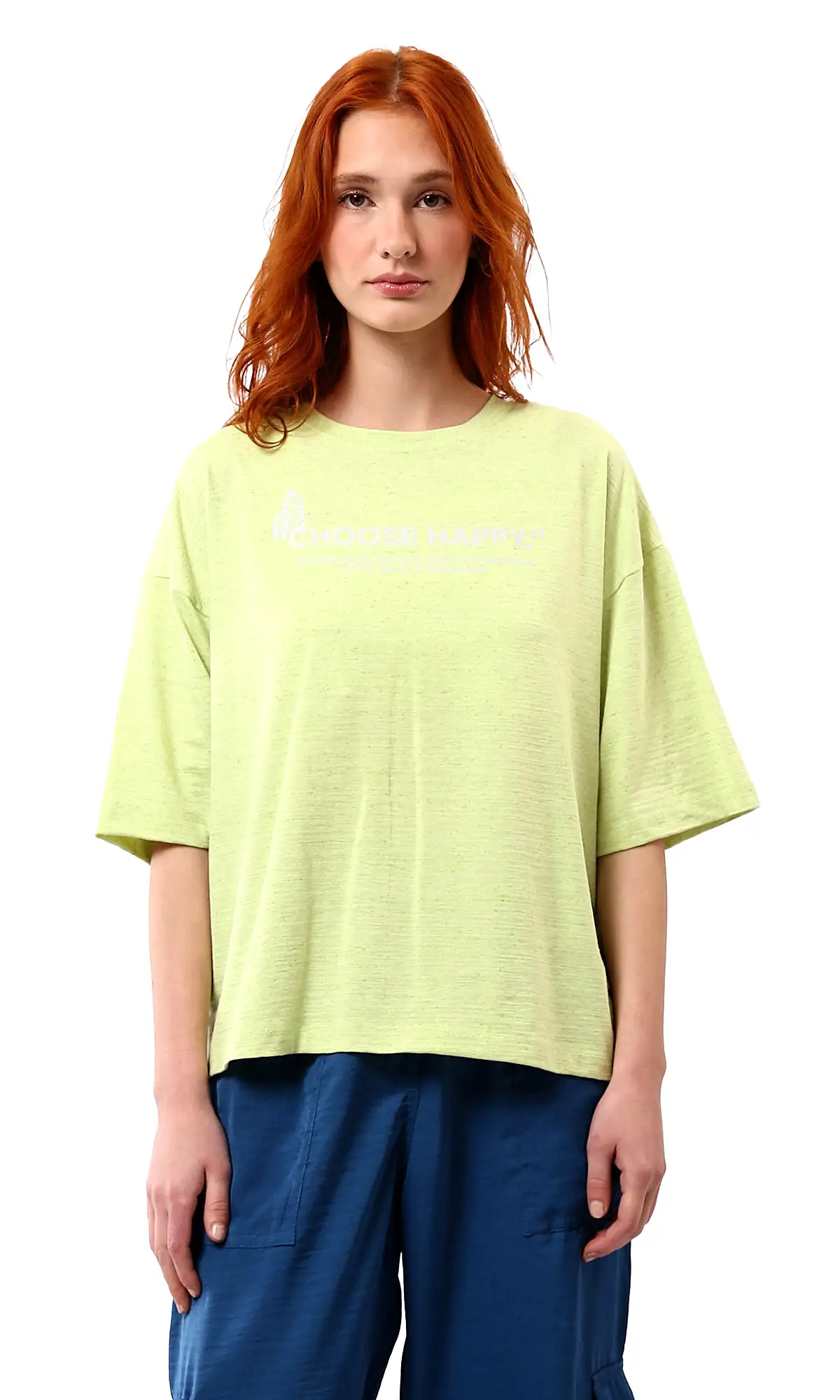 O181665 Choose Happy Printed Loose Fit Cotton Tee - Neon Green