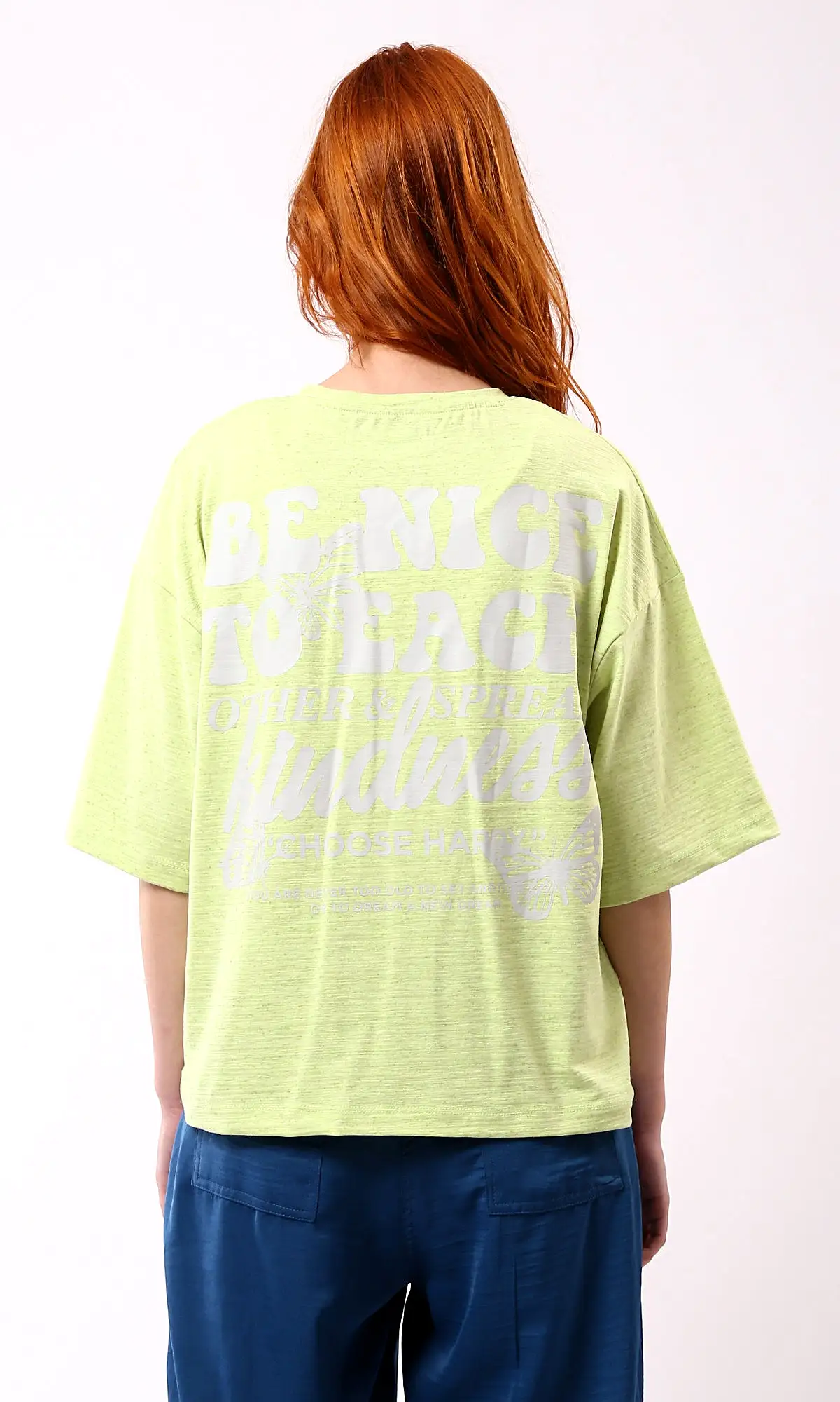 O181665 Choose Happy Printed Loose Fit Cotton Tee - Neon Green