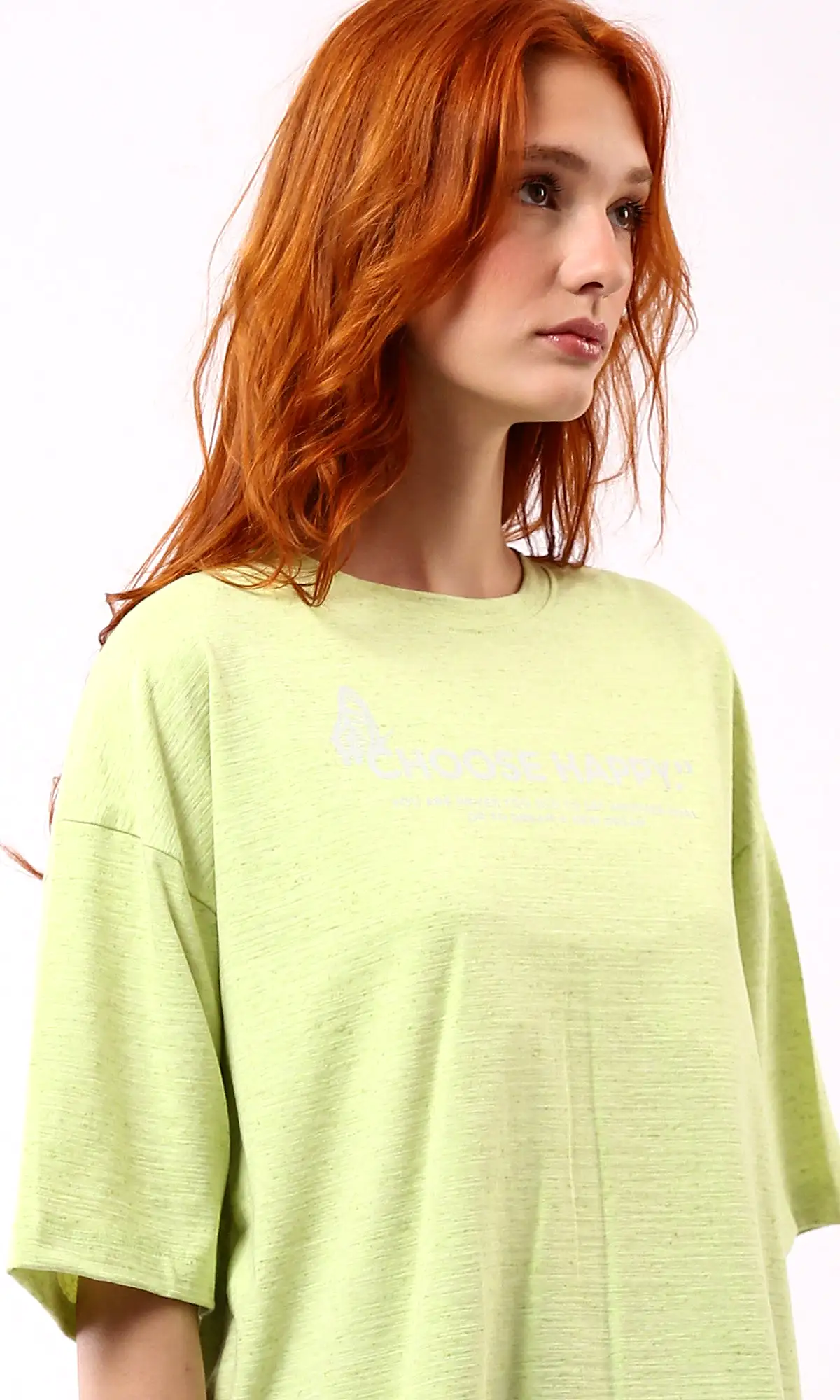 O181665 Choose Happy Printed Loose Fit Cotton Tee - Neon Green