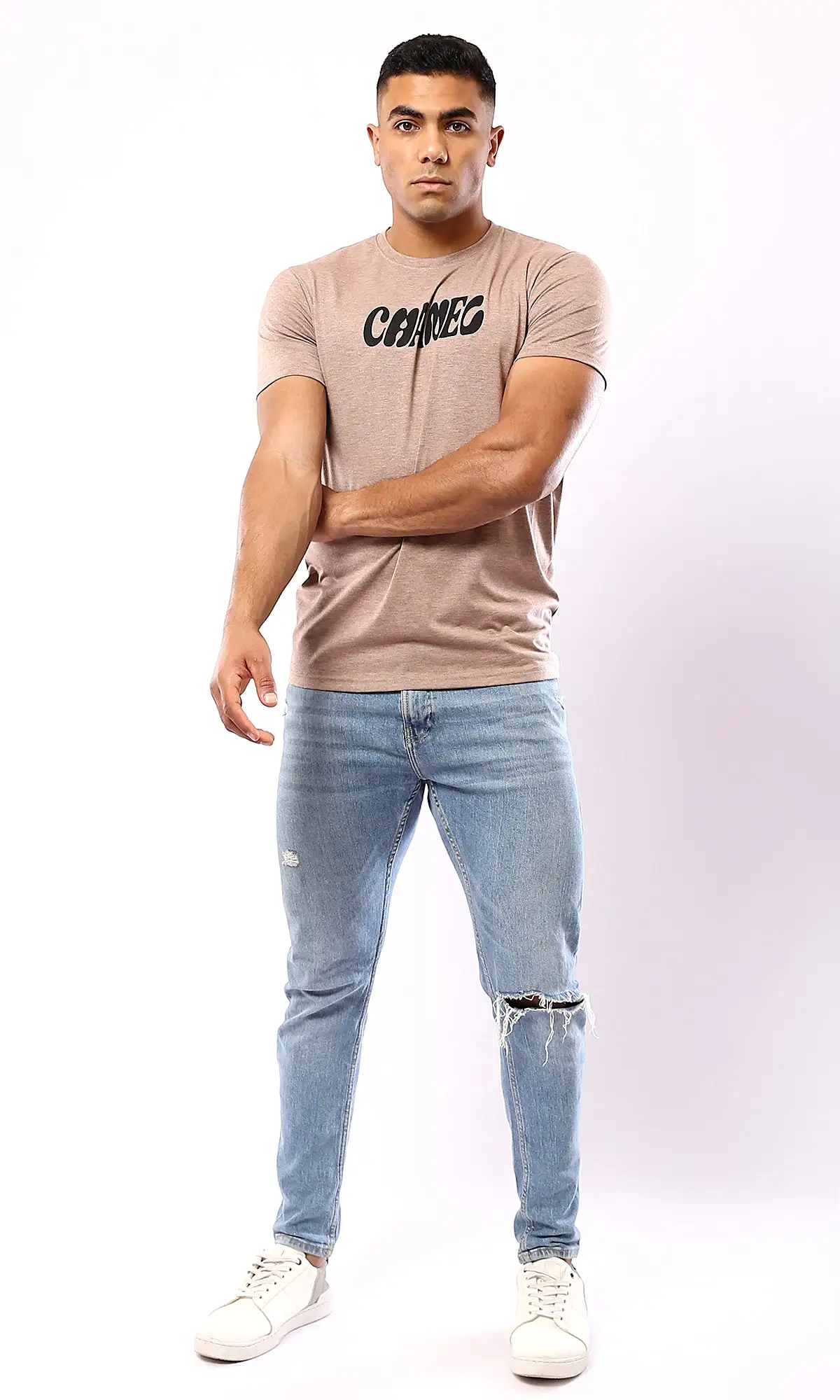 O182407 Slip On Printed Heather Light Coffee Cotton Tee