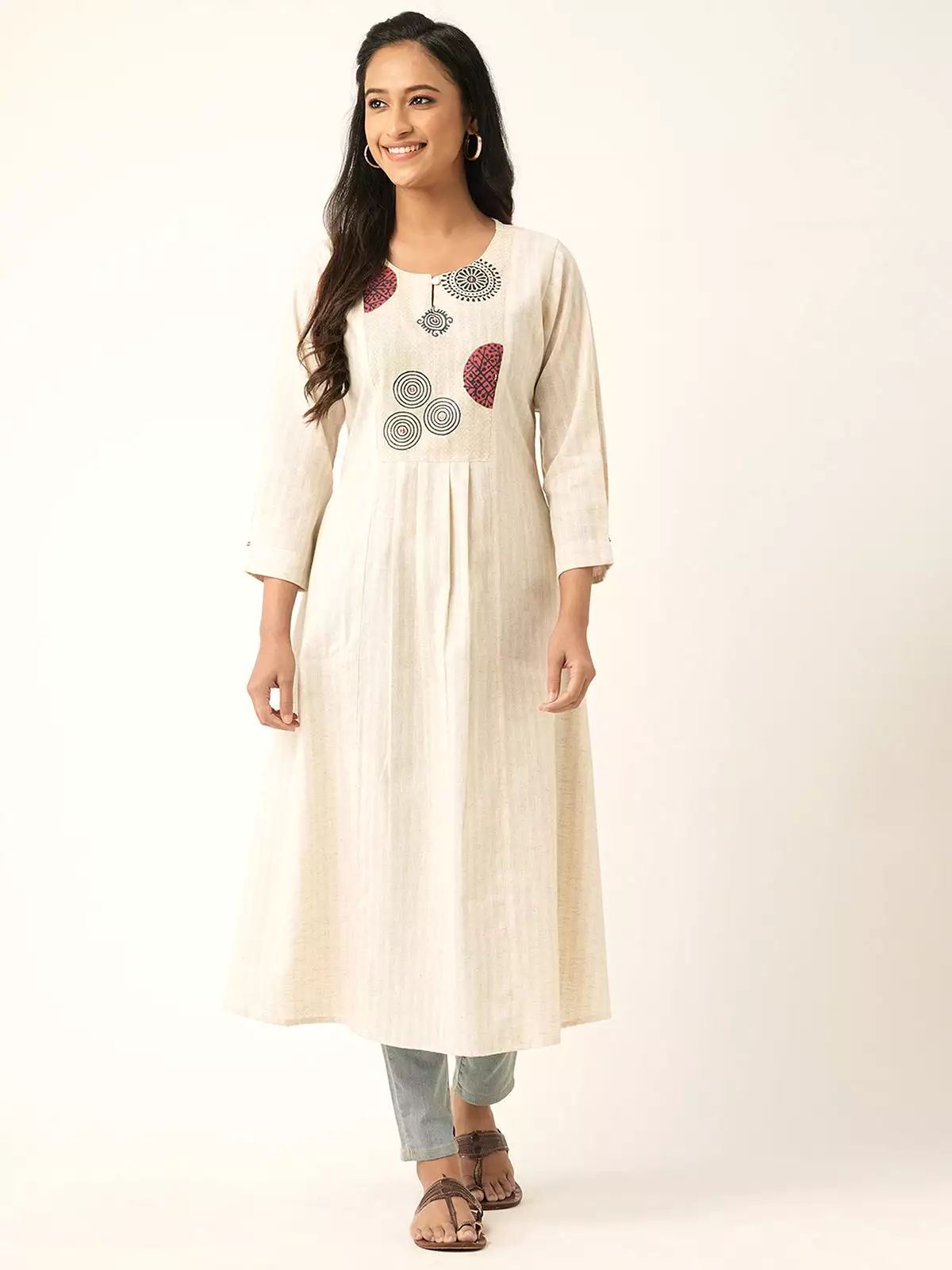 Odette Cream Cotton Printed Stitched Kurta for Women