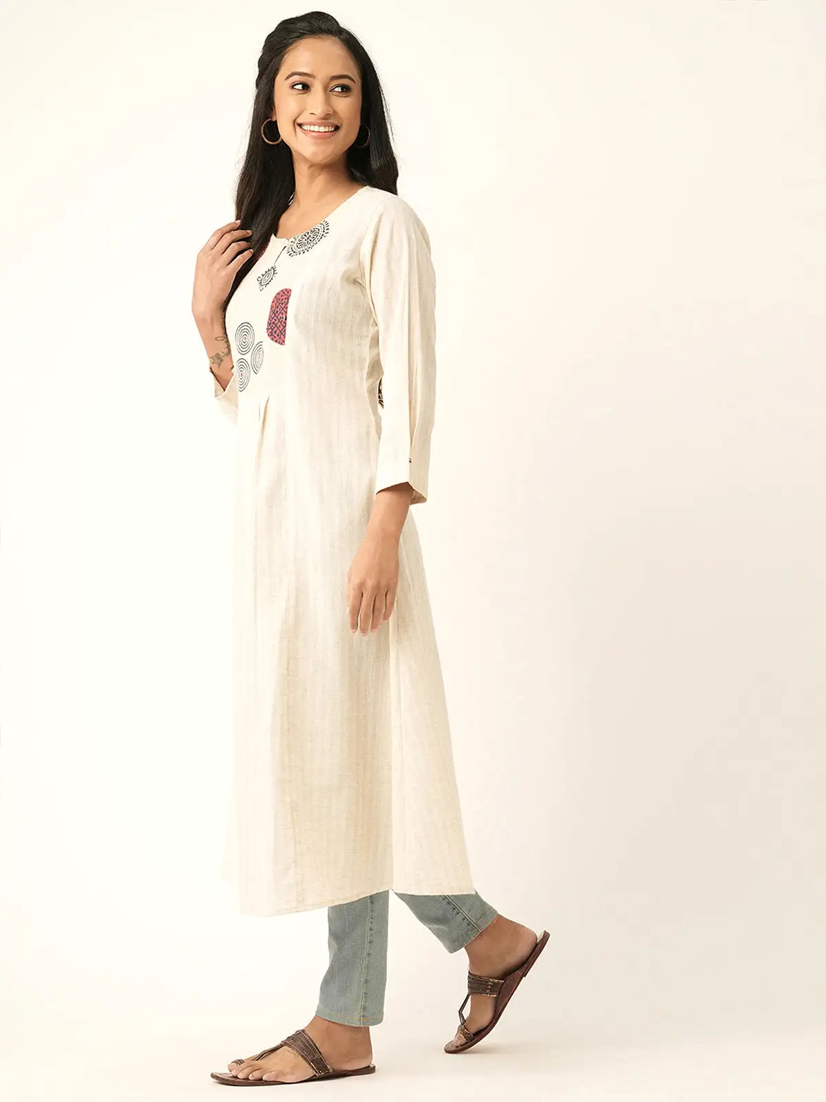 Odette Cream Cotton Printed Stitched Kurta for Women