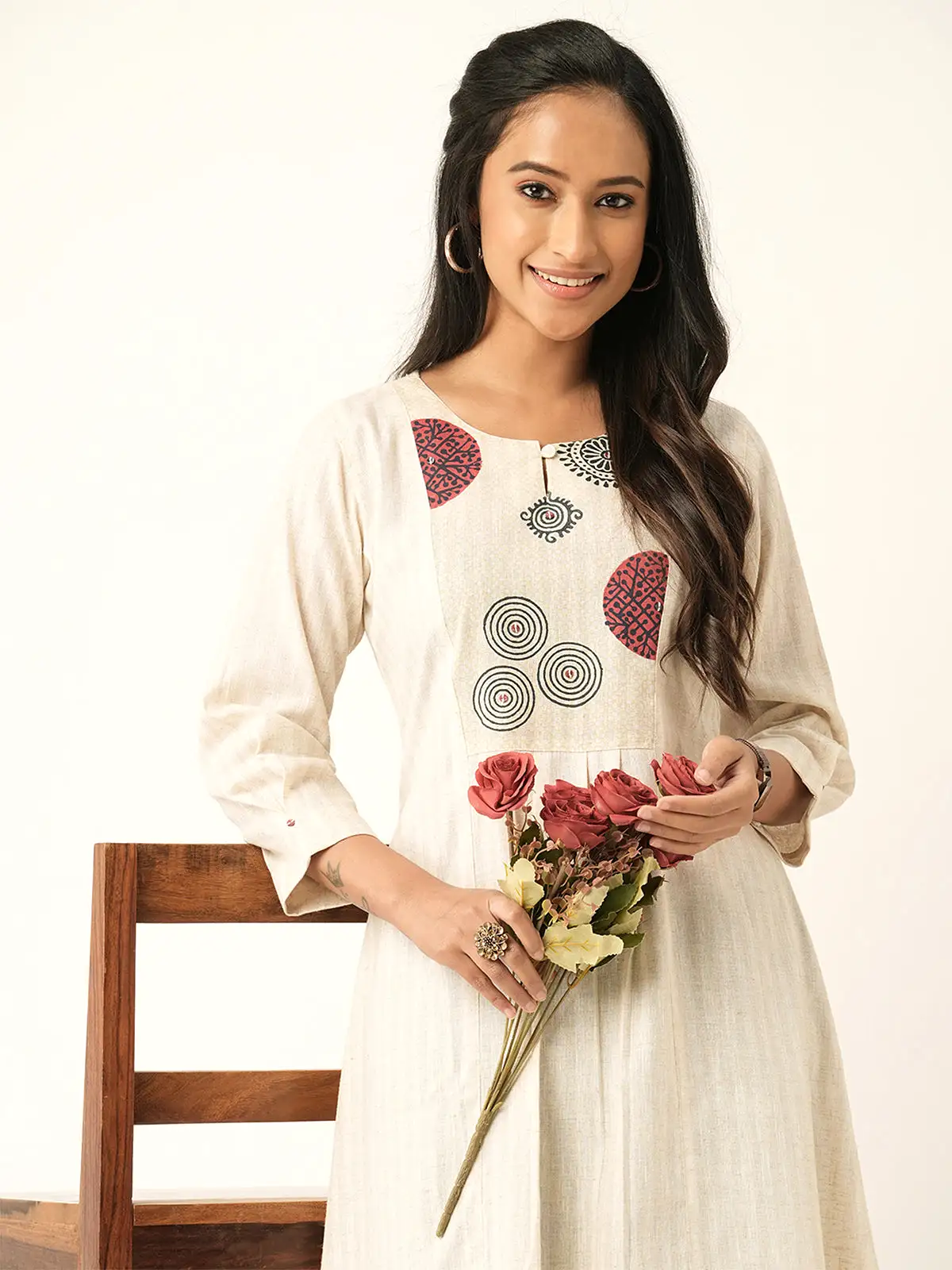 Odette Cream Cotton Printed Stitched Kurta for Women