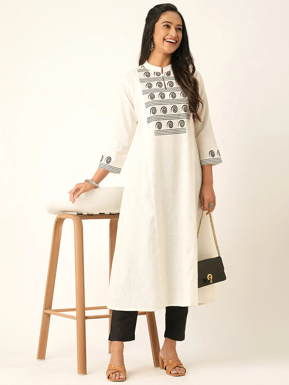 Odette Off White Cotton Printed Stitched Kurta for Women