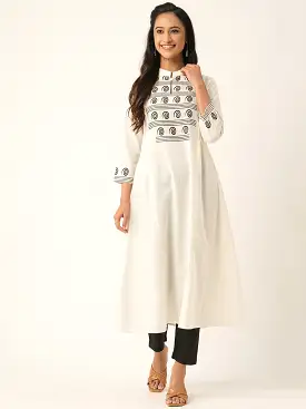 Odette Off White Cotton Printed Stitched Kurta for Women