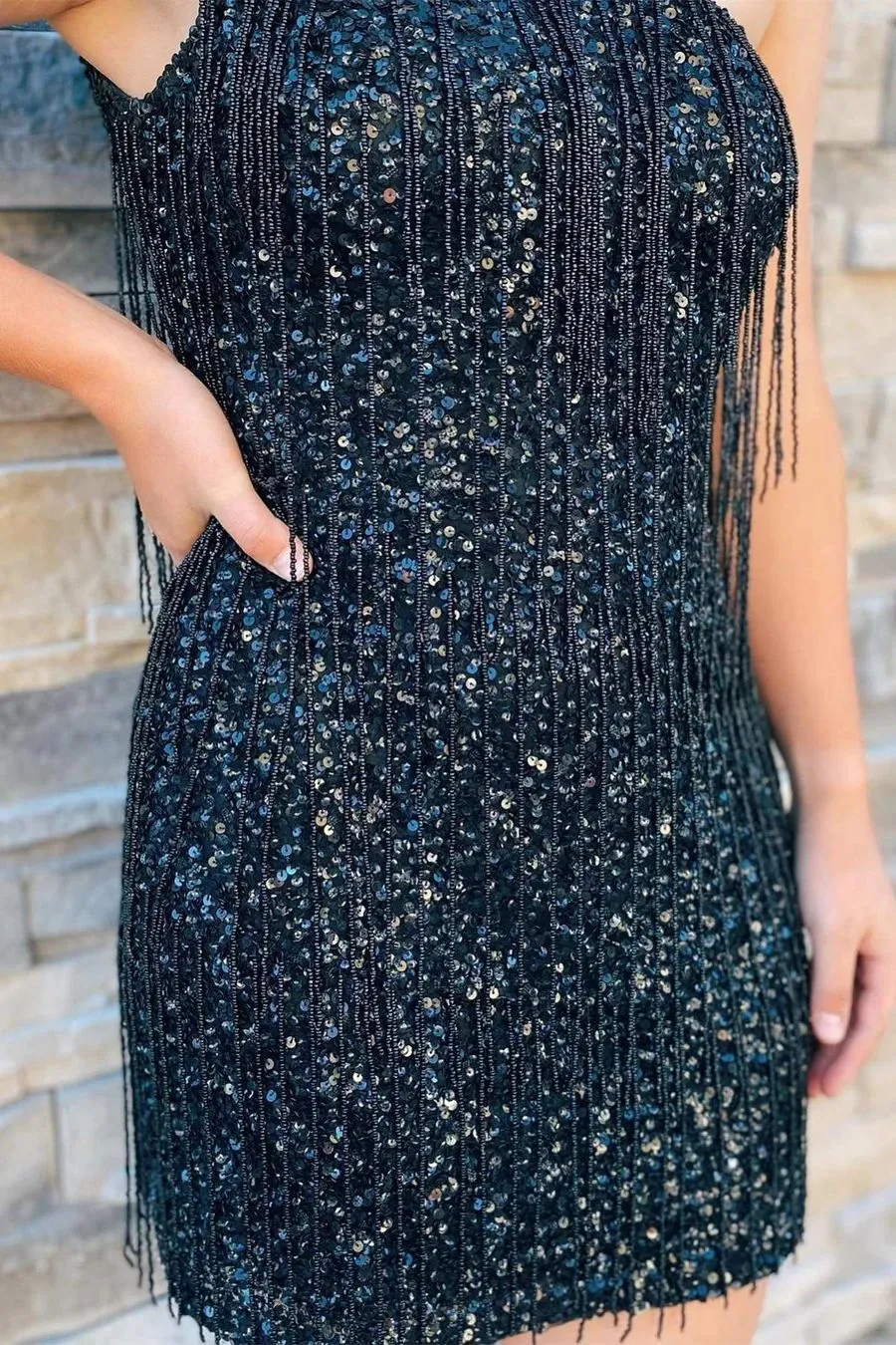 One Shoulder Bead Tassels Black Sequins Homecoming Dress