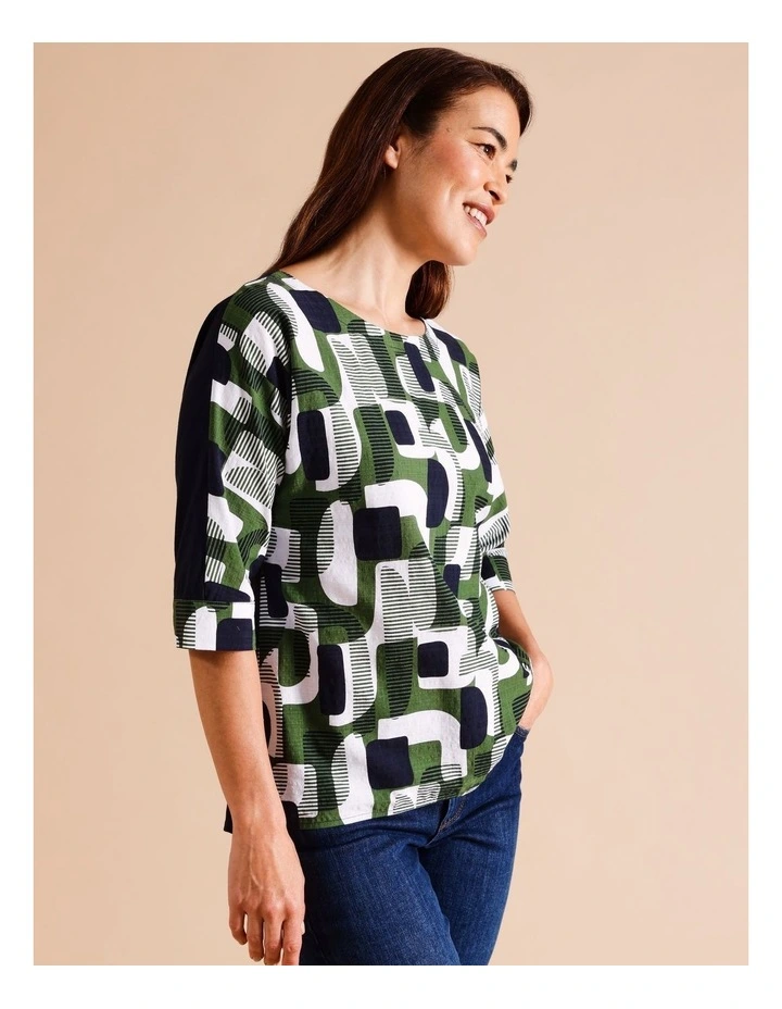 Organic Cotton Blend 3/4 Magyar Sleeve Woven Front Tee With Knit Back In Navy/ White/ Green Geometric