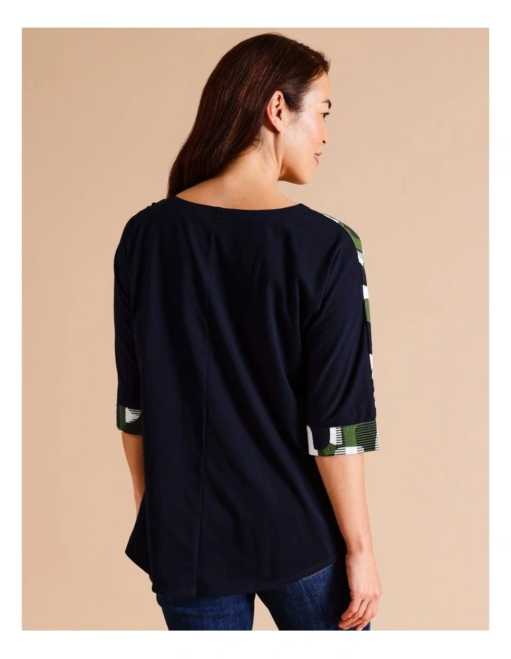 Organic Cotton Blend 3/4 Magyar Sleeve Woven Front Tee With Knit Back In Navy/ White/ Green Geometric