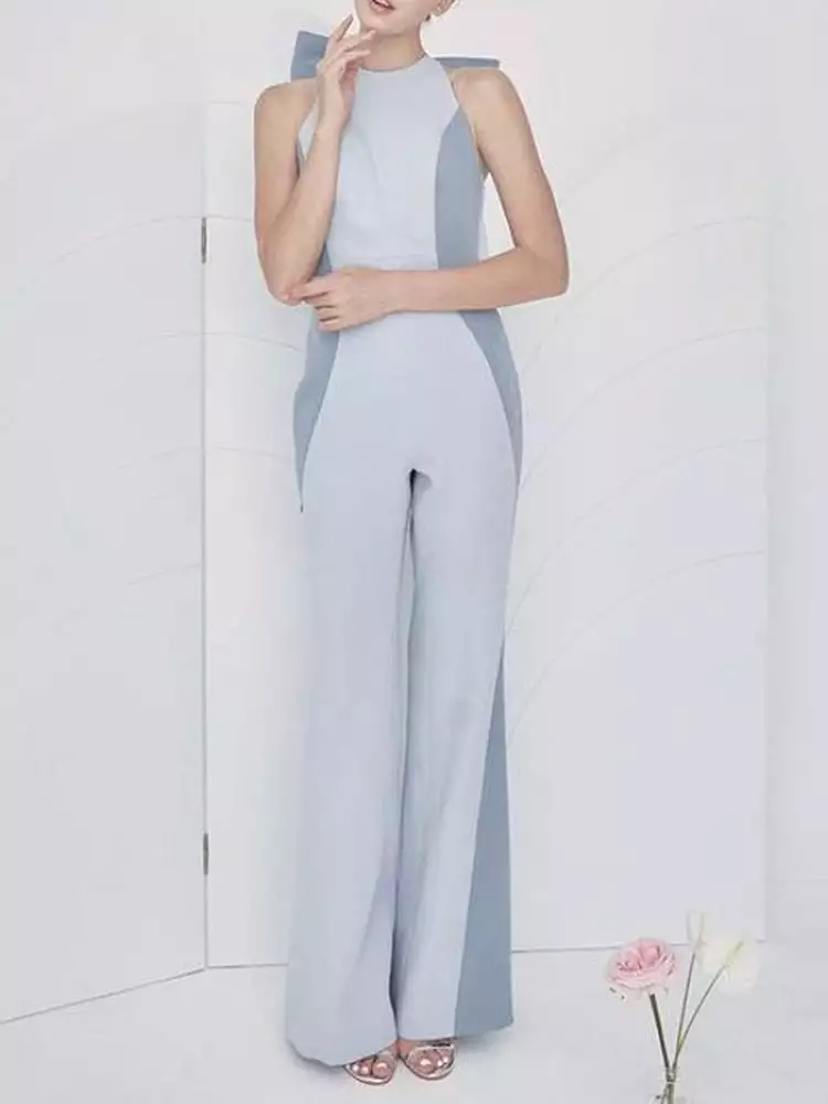 Patchwork Bow Backless Jumpsuits For Women Round Neck Sleeveless High Waist Colorblock Slim Jumpsuit Female Summer Clothes