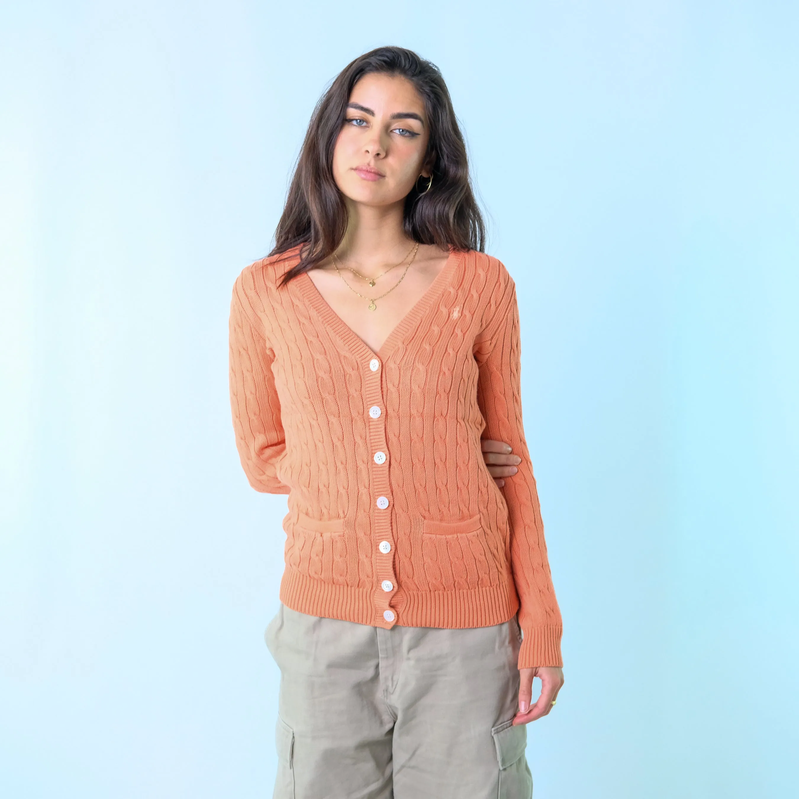 Peach y2ks Polo Ralph Lauren button up cardigan Knit Sweatshirt (M)