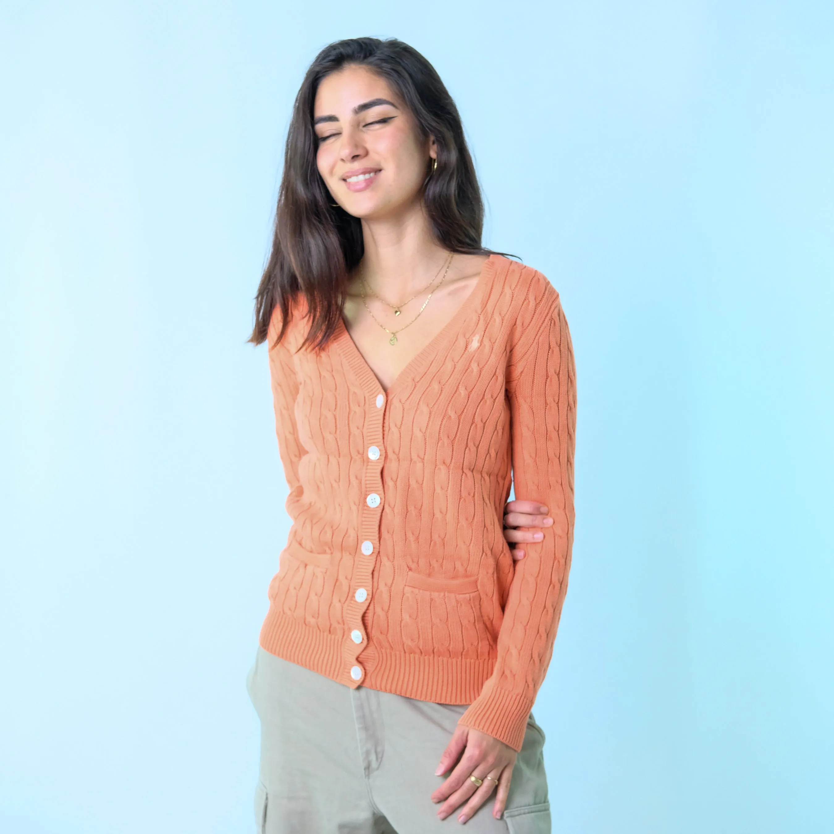 Peach y2ks Polo Ralph Lauren button up cardigan Knit Sweatshirt (M)