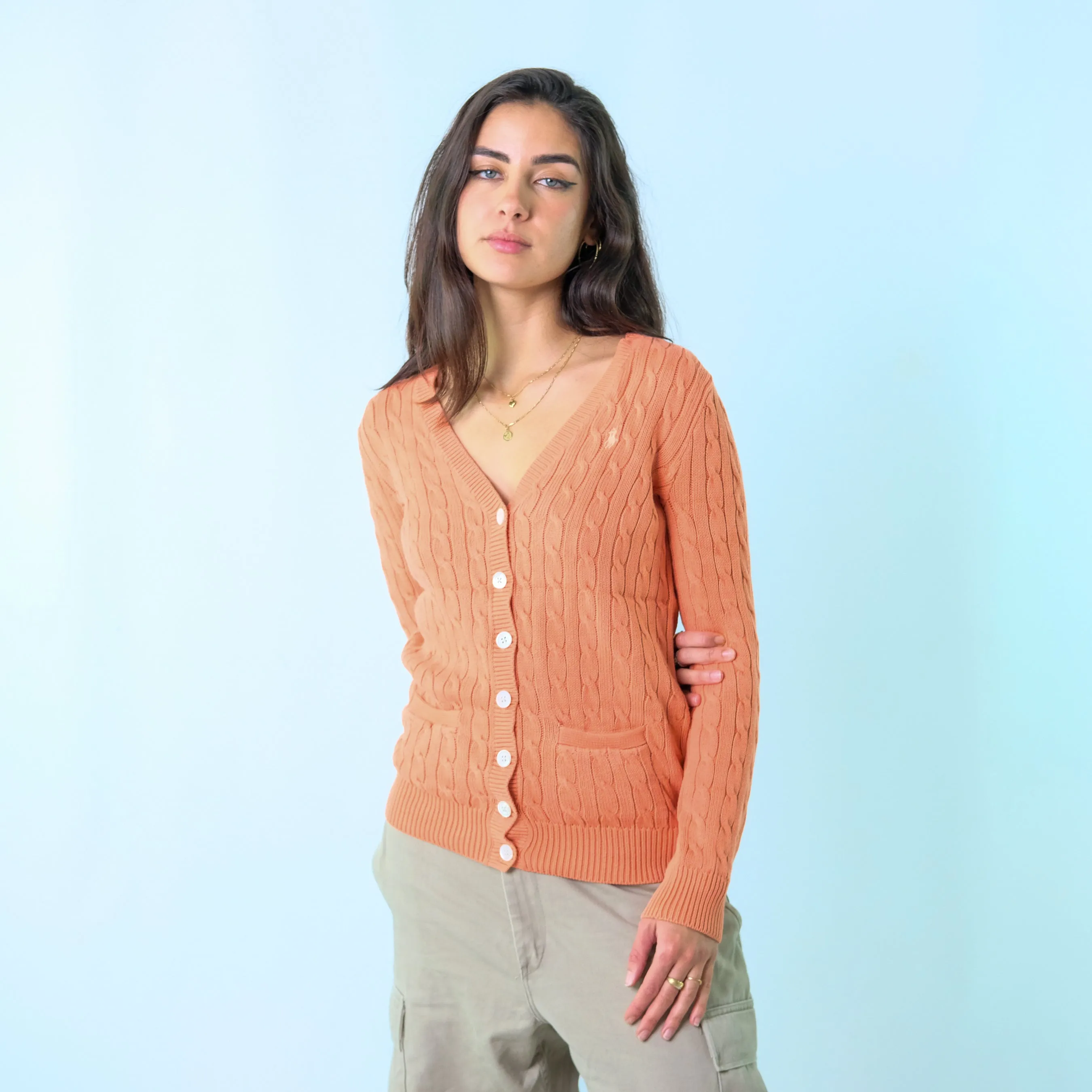 Peach y2ks Polo Ralph Lauren button up cardigan Knit Sweatshirt (M)