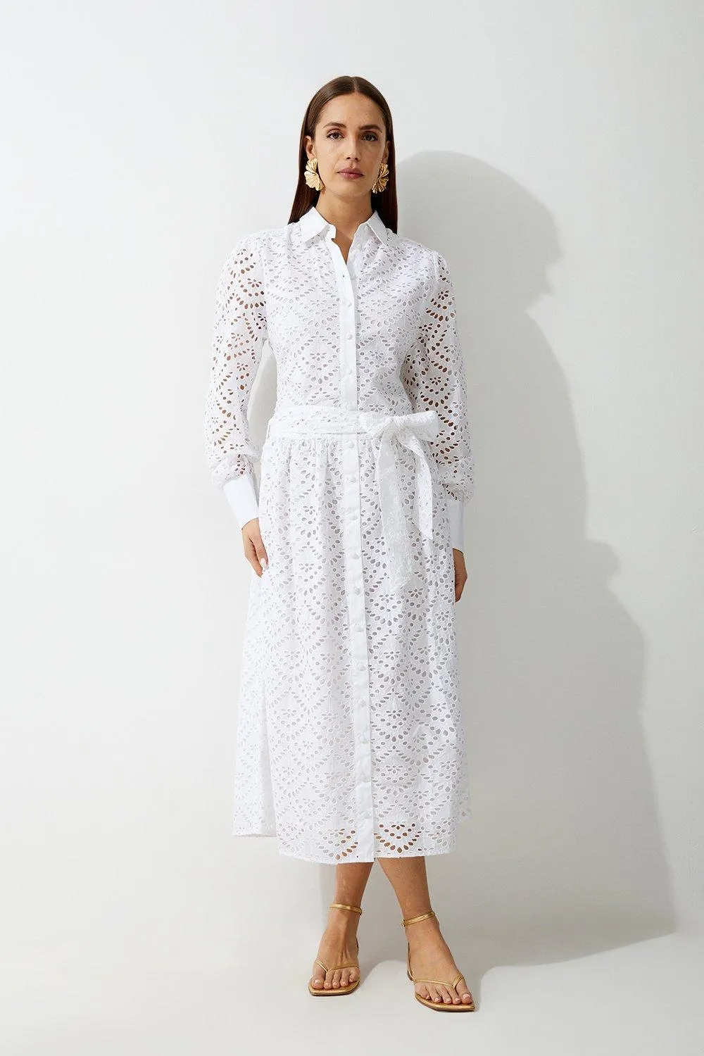 Petite Cotton Broderie Long Sleeve Woven Maxi Dress | Karen Millen