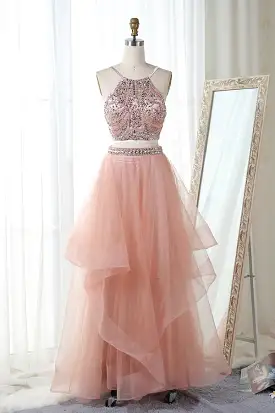 Pink Two Piece Floor Length Halter Sleeveless Backless Beading Prom Dresses